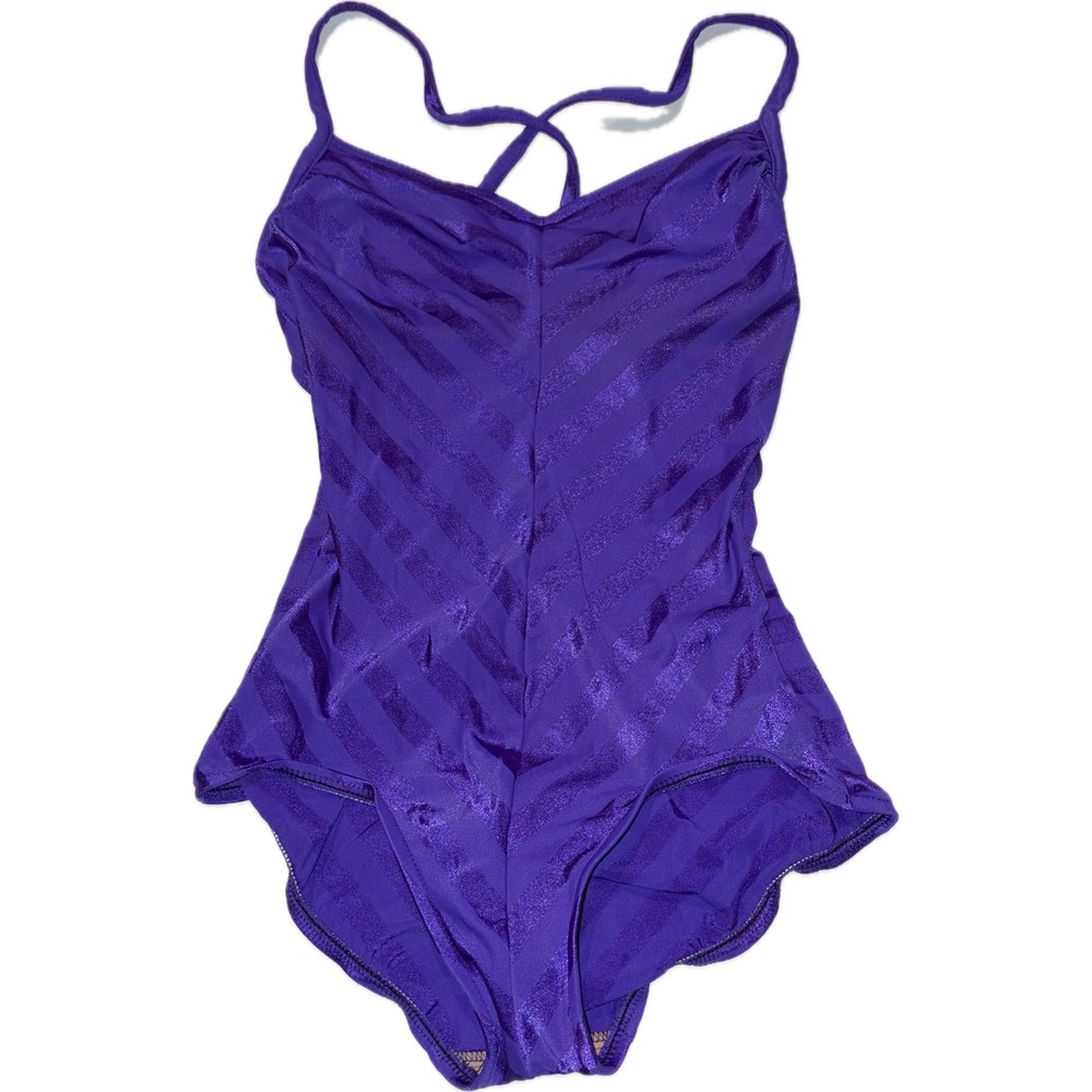 Maxine of Hollywood Vintage 70s Purple Stripe Swimsuit L28 B29 W21 H28 S